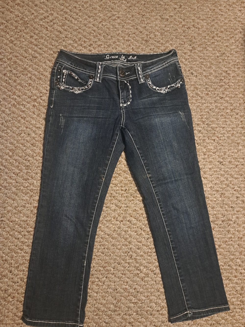 Grace in LA Women's Dark Blue Boot Cut Jeans with Embellished Pockets